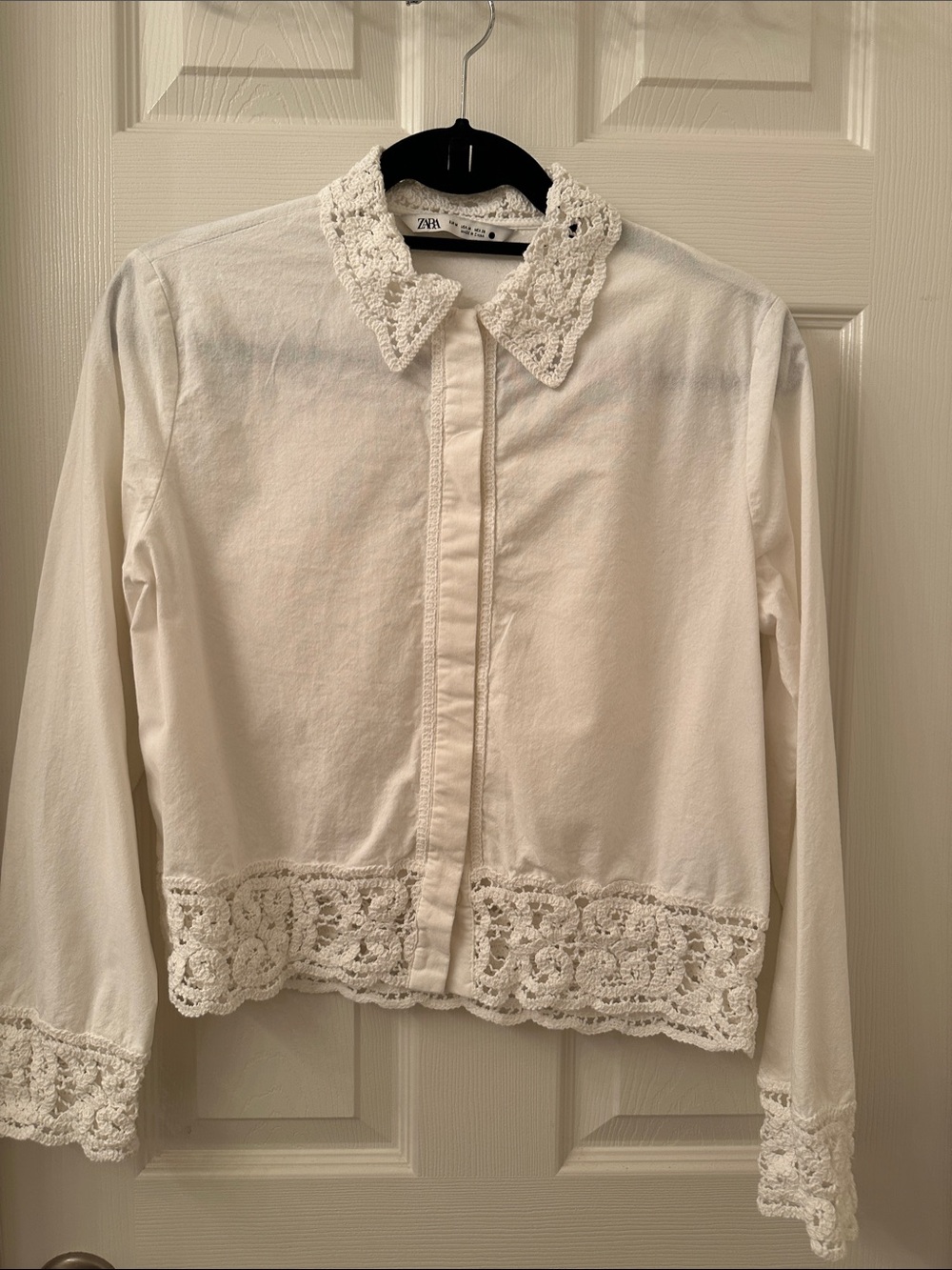 Zara White Crochet-Trim Button Front Blouse